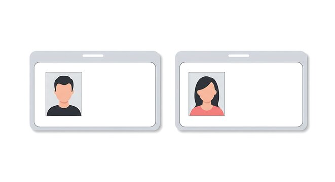 Plastic cards with male and female photo isolated on white background. ID cards or car driver licenses