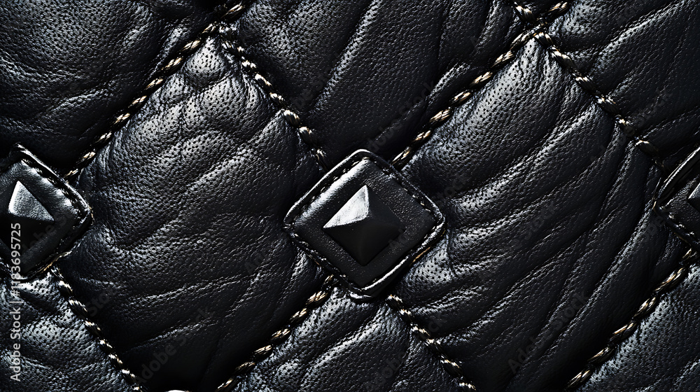 Poster black leather background texture with diamond-shaped buttons and stitching details