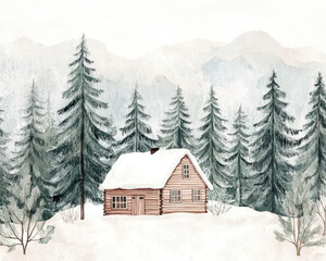 Fototapeta premium Soft Watercolor of a Cozy Mountain Cabin Surrounded by Snow-Capped Peaks