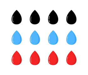 Drop of water or blood set icons. Silhouette and flat style. Vector icons.