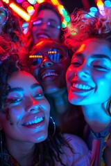 Obraz premium A vibrant group of friends enjoying a fun night out, illuminated by colorful neon lights and filled with joy.
