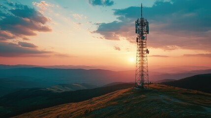 High-speed communication tower on a hilltop with panoramic views of a serene landscape and a vibrant horizon