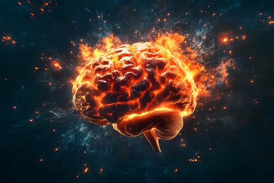 Igniting Mind: A fiery brain ablaze in cosmic sparks, symbolizing intense thought, creativity, or mental overload.