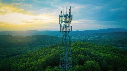High-speed telecom infrastructure blending with a tranquil natural setting, featuring lush greenery and an expansive sky