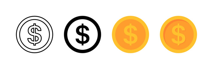 Dollar icons. Gold coin icons. Linear, silhouette and flat style. Vector icons.