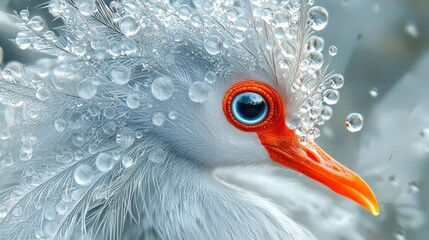 Close-up of a white bird with orange beak and bright blue eyes, covered in water droplets.