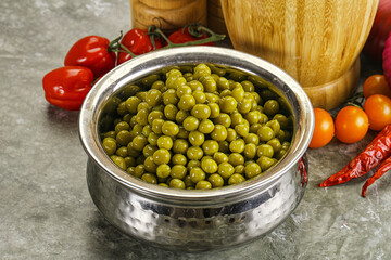 Sweet canned young green peas