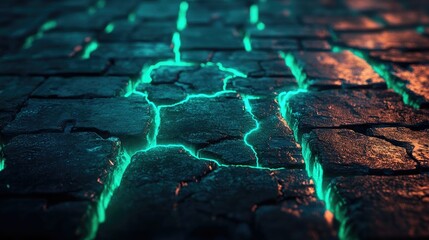 Glowing Cracks in Dark Cobblestone Path