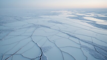 Aerial view of icy landscape with cracked surfaces and frozen textures