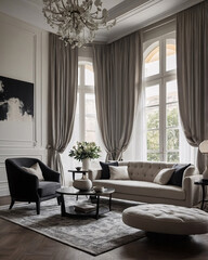 Spacious black and white themed living room with a designer sofa open space and large windows for a bright environment Contemporary Interior Design Inspiration