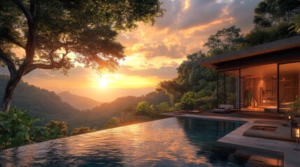 Fototapeta premium A tropical infinity pool on a villa terrace, bathed in golden sunrise light, offering breathtaking panoramic views, ideal for luxury travel and real estate promotion.