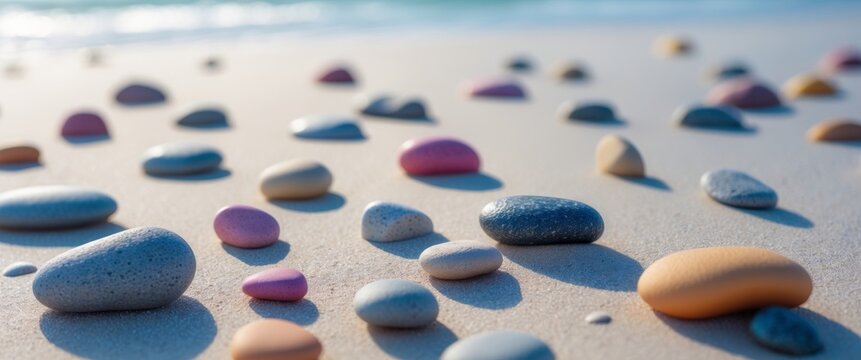 Array of colorful pebbles on sandy beach surface