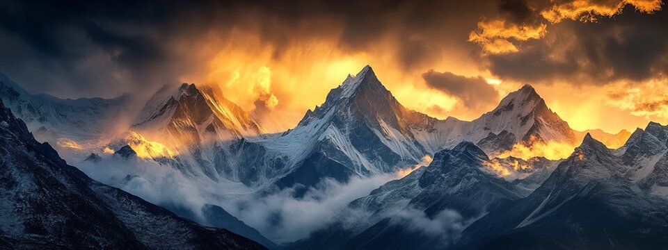 A dramatic view of the Himalayan mountain range engulfed in a swirling snowstorm at sunrise, Mountain scene, Dramatic style