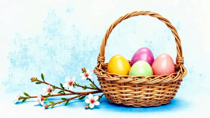 Naklejka premium Colorful Easter eggs in wicker basket on light blue background. Next to the basket are three budding branches. Beautiful Easter still life. Copy space for text.