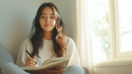 Peaceful Asian female journaling near window, natural light illuminating mindful recovery process and personal healing journey