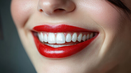 Close-up of a beautiful woman's smile, with red lips and white teeth