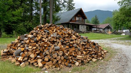 Close-up of pile of firewood near the house