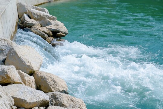 Water cascading over rocks into a calm river, creating white foam and ripples in a natural outdoor setting.