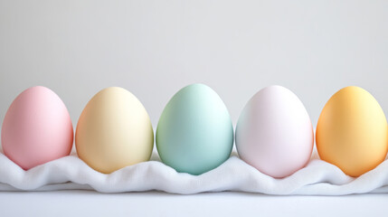 Five pastel colored Easter eggs are arranged in a row on a soft white cloth against a plain gray-blue background, creating a simple yet elegant Easter scene