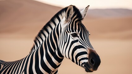 Close up of a zebra standing in a desert landscape with natural empty space for text or graphic overlay