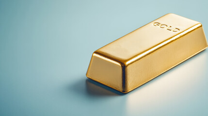 Golden ingot gleaming against pale blue surface, representing financial prosperity and valuable asset