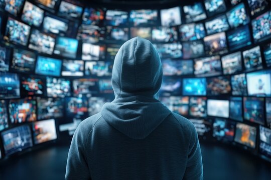 A hooded figure facing a wall of digital screens displaying data and images, symbolizing hacking or cybersecurity themes.