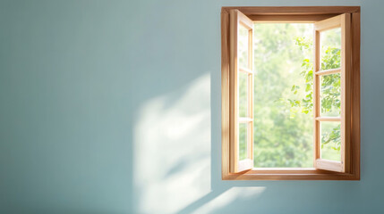 Soft sunlight filtering through rustic wooden window frame illuminating pale blue wall with verdant greenery outside, creating tranquil ambiance © Bonsales