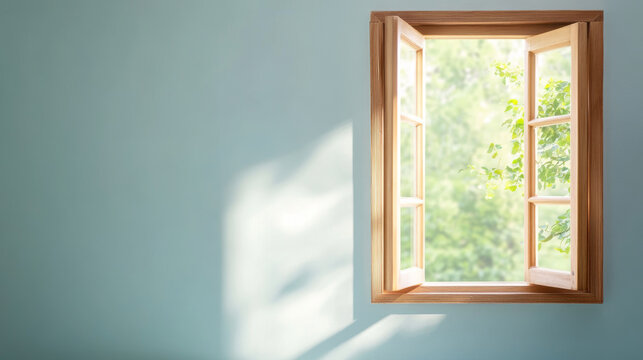 Fototapeta Soft sunlight filtering through rustic wooden window frame illuminating pale blue wall with verdant greenery outside, creating tranquil ambiance