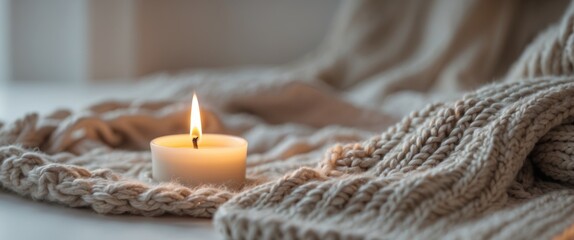Cozy Winter Serenity Candlelit Ambiance with Knitted Textures and Warm Lighting