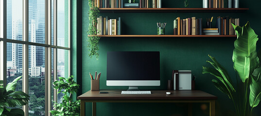 都会の景色を望むモダンなホームオフィス