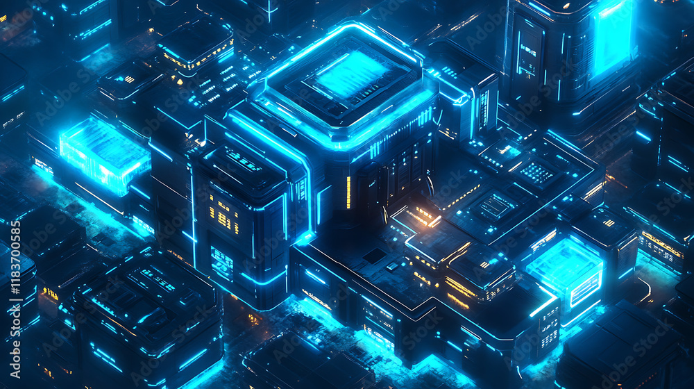 Poster Development architecture computer systems of smart building, futuristic modern illustration in blue neon colors, ai