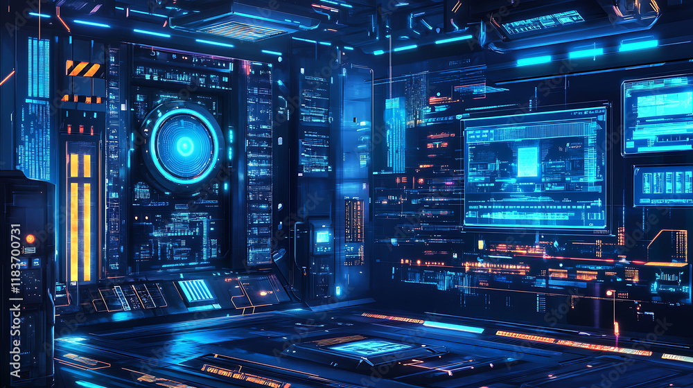 Poster Development architecture computer systems of smart building, futuristic modern illustration in blue neon colors, ai