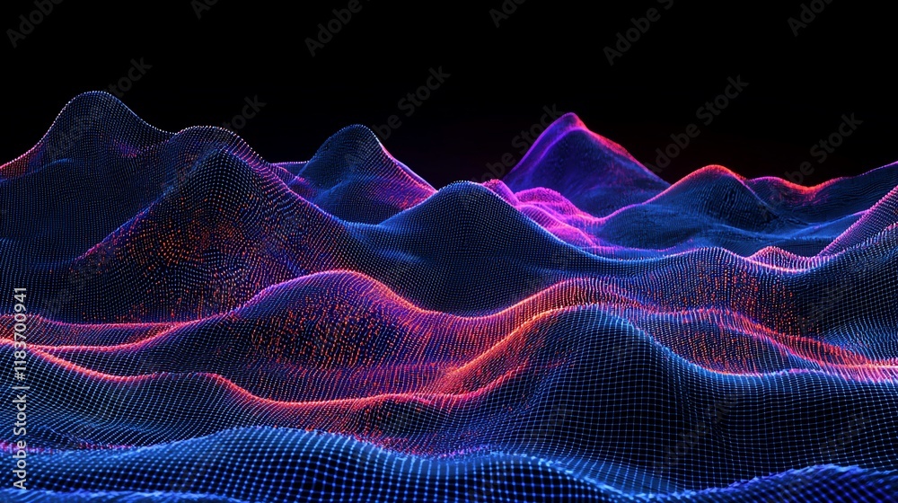 Poster abstract neon landscape with glowing hills and particles.