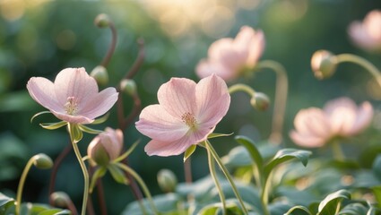 Delicate pink flowers bloom in a vibrant garden setting