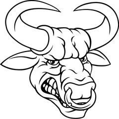 A bull or Minotaur monster longhorn cow angry mean head mascot face cartoon. With a ring through their nose.