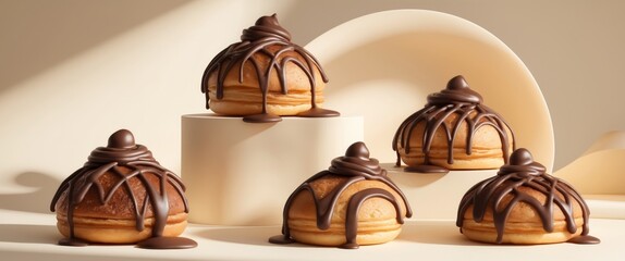 Delicious chocolate drizzled pastries on beige background