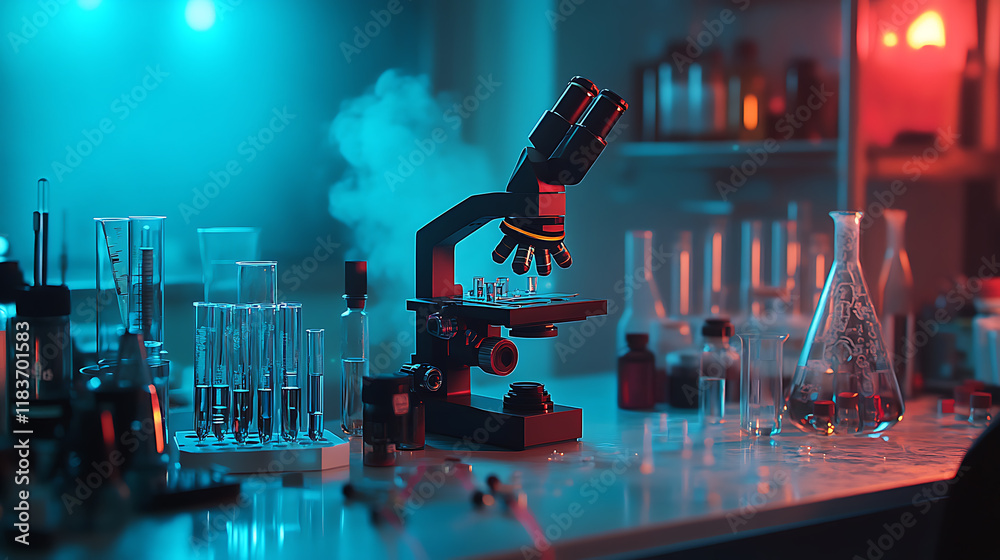 Aufkleber Exploring the depths of science: microscope and test tubes in a laboratory research and development concept