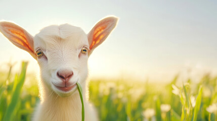 Close-up of a charming white baby goat peacefully chewing on fresh grass in a sunlit meadow, creating a heartwarming pastoral scene
