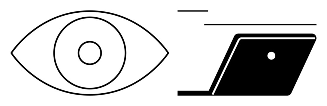 Hand-drawn eye icon next to a simplified, open laptop. Ideal for themes of surveillance, digital security, technology, online privacy, observation, media vision. Abstract line flat metaphor
