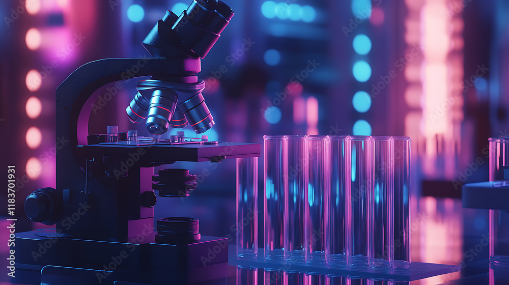 Poster Exploring the depths of science: microscope and test tubes in a laboratory research and development concept