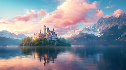 Naklejka premium Fairy-tale palace under the sky with pink clouds on the shore of the lake