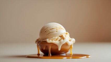 Fototapeta premium Delicious Scoop of Melting Caramel Ice Cream Dripping on a Soft Beige Background