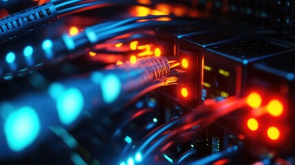 Fototapeta premium Sophisticated backhaul network system with organized cabling, routers, and glowing fiber-optic lights in a secure data center.