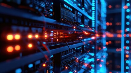 Fototapeta premium Sophisticated backhaul network system with organized cabling, routers, and glowing fiber-optic lights in a secure data center.