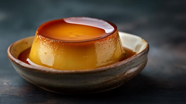 A rich caramel flan on a rustic plate, glistening under soft light with a smooth creamy texture