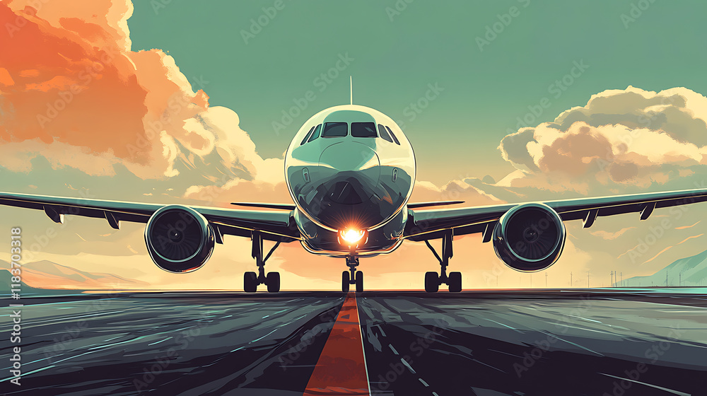 Aufkleber Front view of passenger airplane taking off on runway, illustration
