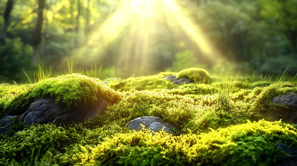 Forest landscape, moss on the rocks, grass, bushes and sun rays 3d illustration