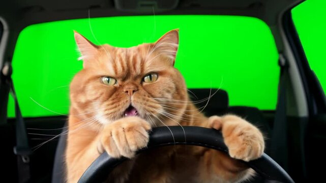 Serious angry cat sitting in driver seat, paws on steering wheel, pet driving the car on green screen. Funny pet, bad cat driver. Animal in car concept, driving down the road. Pet drive car chroma key