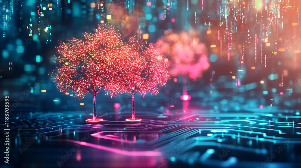 Aufkleber Future tech development concept with glowing neon trees on a circuit board background in a futuristic polygonal style, modern illustration of the future of technology