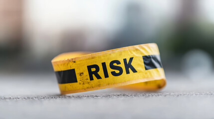 Yellow caution tape with the word risk represents potential danger and hazard, urging awareness and precaution